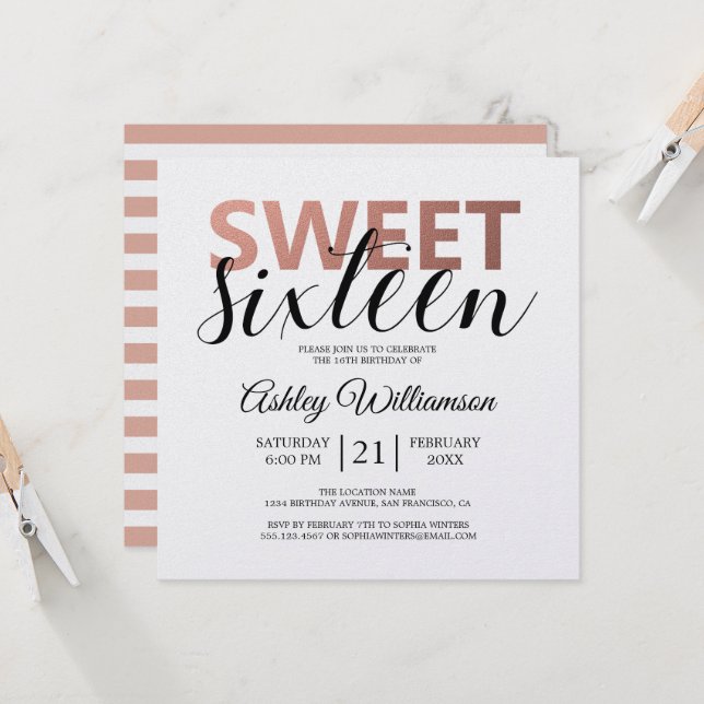 Pink White Stripes Modern Script Sweet 16 Invitation (Front/Back In Situ)