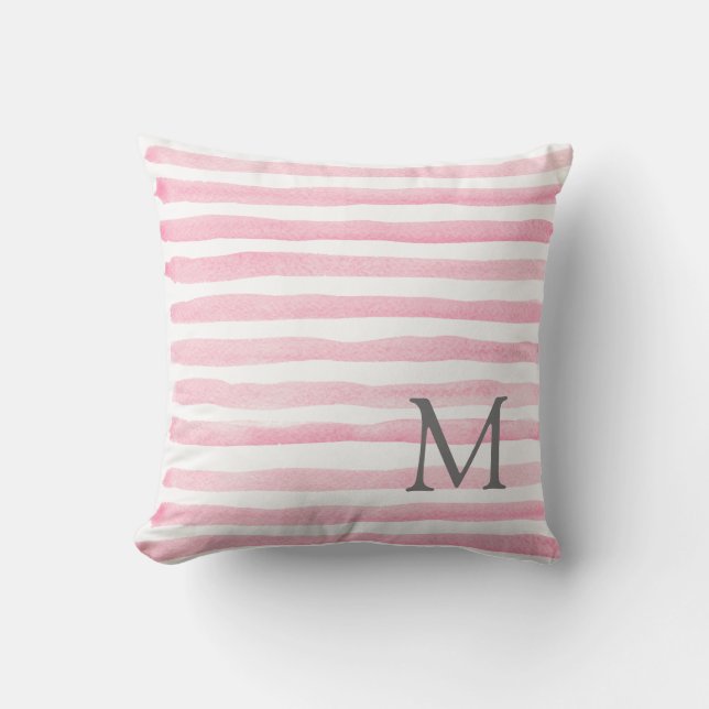 Pink & White Stripes  Monogram Throw Pillow (Front)
