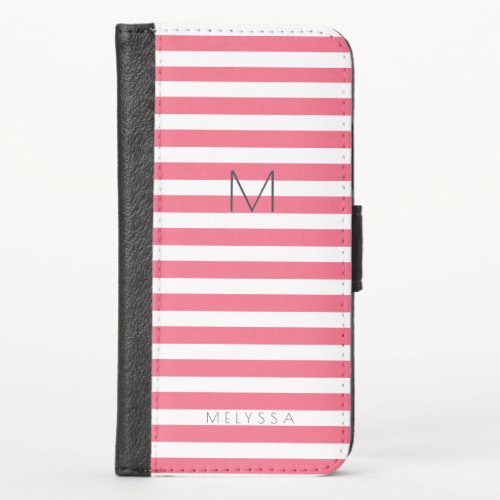 pINK  White Stripes Name and Monogram iPhone X Wallet Case