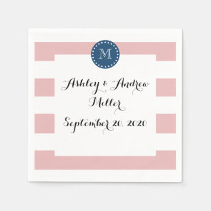 Pink White Stripes Pattern, Navy Blue Monogram Napkins