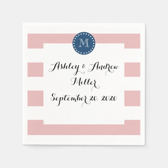 Pink White Stripes Pattern, Navy Blue Monogram Napkins (Front)