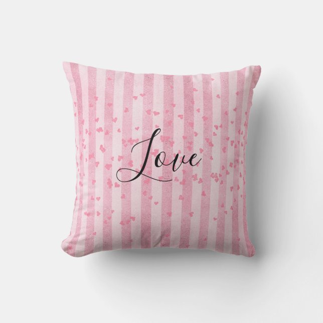 Pink White Stripes Pink Hearts Love Throw Pillow (Front)