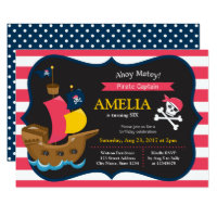 Pink White Stripes Pirate Ship Birthday Invitation