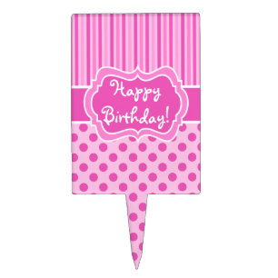 Pink, White Stripes, Polka Dots Happy Birthday! Cake Topper