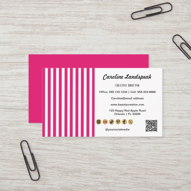 Pink White Stripes, QR Code & Social Media Icon Business Card (Front/Back In Situ)