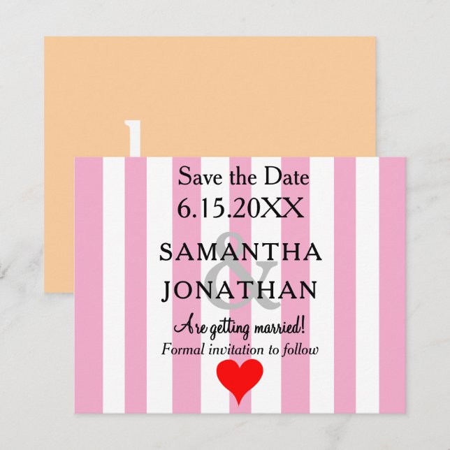 Pink White Stripes Red Heart Wedding Save the Date (Front/Back)