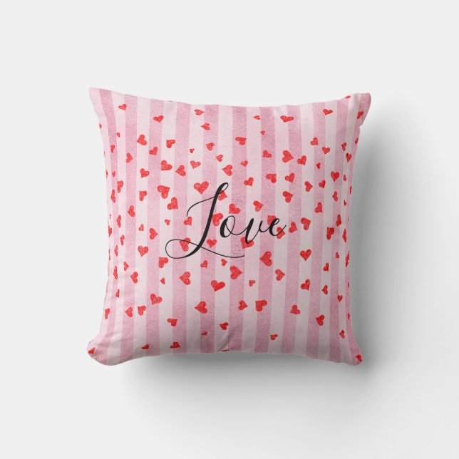 Pink White Stripes Red Hearts Love Throw Pillow (Front)