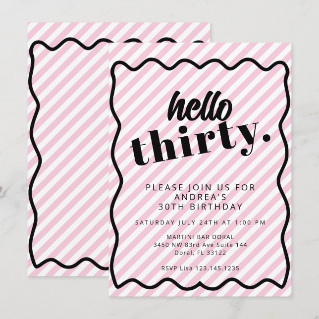 Pink White Stripes Thirty 30th Birthday Invitation (Front/Back)