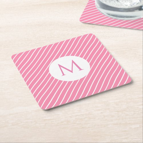 Pink White Stripes Trendy Monogram Modern Template Square Paper Coaster