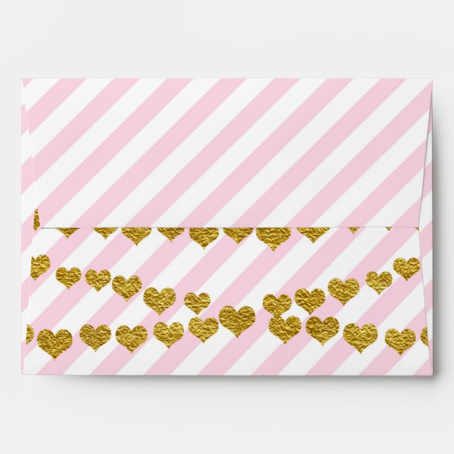 Pink & White Stripes with Gold Hearts Party Envelope (Back (Top Flap))