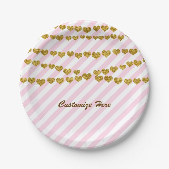 Pink & White Stripes with Gold Hearts Party Paper Plates (Front)