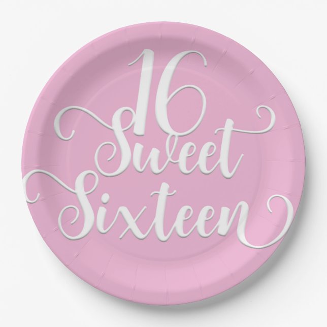 Pink & White Sweet 16 Birthday Party Paper Plates (Front)