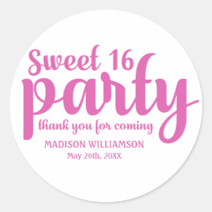 Pink & White Sweet 16 Thank You Personalized Classic Round Sticker