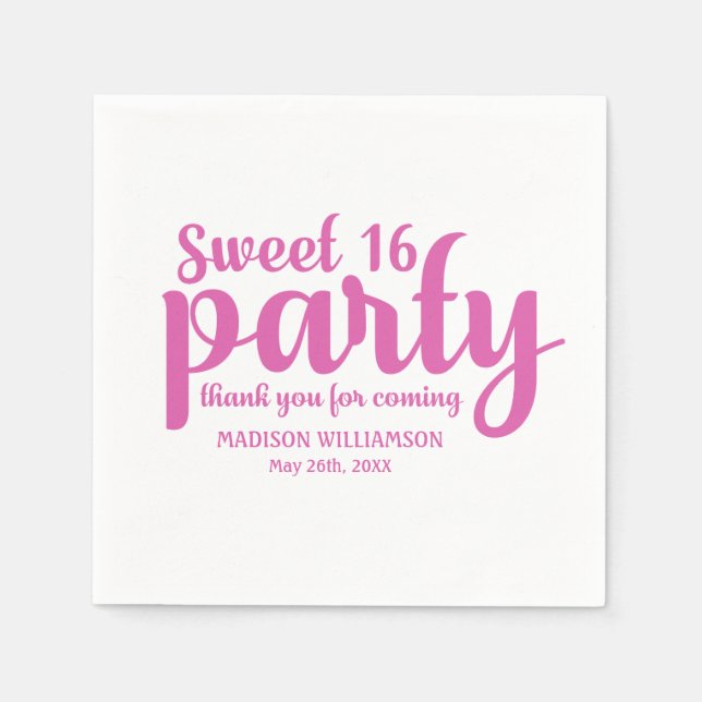 Pink & White Sweet 16 Thank You Personalized Paper Napkins (Front)