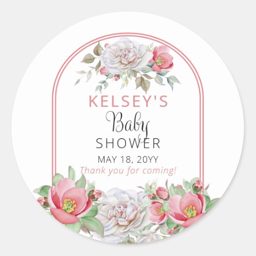Pink  White Sweet Floral Blooms Girl Baby Shower  Classic Round Sticker