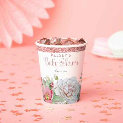 Pink  White Sweet Floral Blooms Girl Baby Shower  Paper Cups