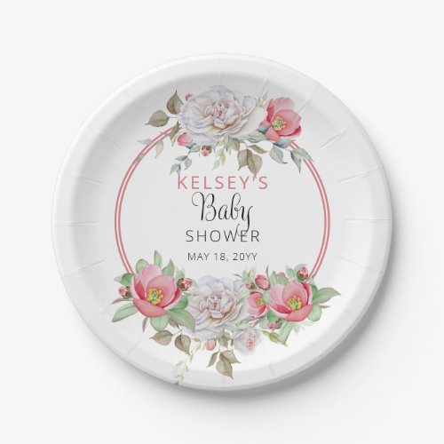 Pink  White Sweet Floral Blooms Girl Baby Shower Paper Plates