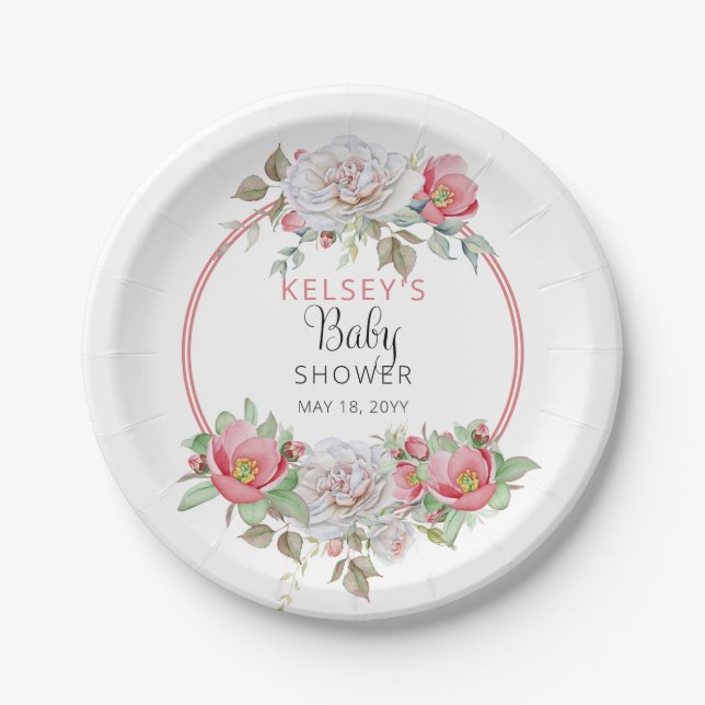Pink | White Sweet Floral Blooms Girl Baby Shower Paper Plates (Front)