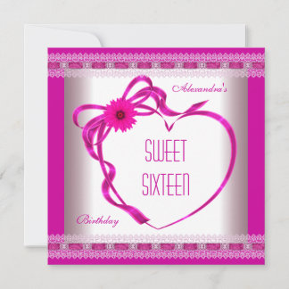 Pink White Sweet Sixteen 16 Birthday Heart Bow 3 Invitation