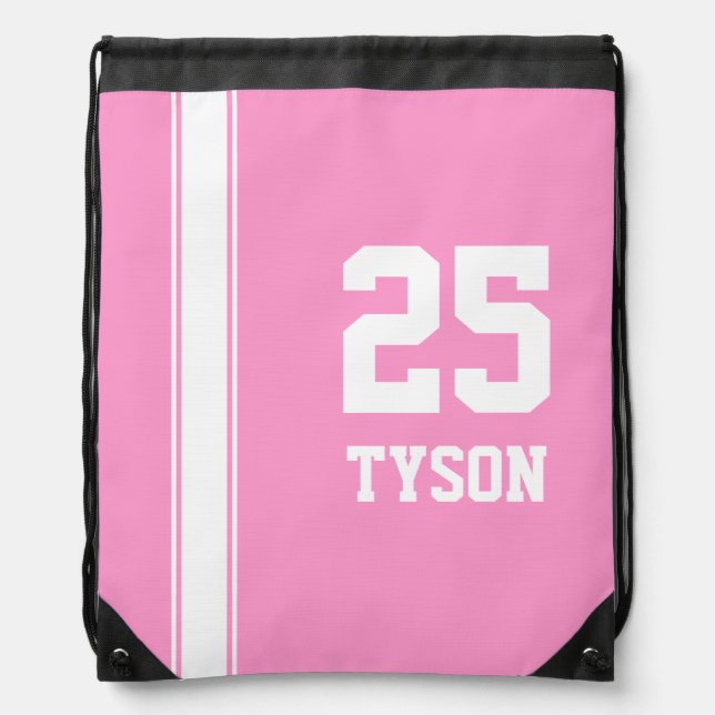 Pink & White Team Colors Monogram Drawstring Bag (Front)