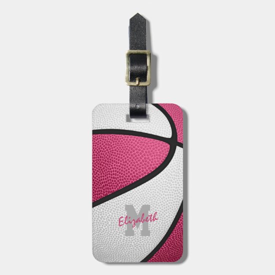 pink white team colors personalized basketball luggage tag