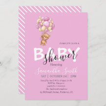Pink White teddy party invitation