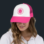 Pink White Tennis Theme Club Name Trucker Hat<br><div class="desc">A simple custom pink tennis theme design with a tennis club name and a slogan.</div>