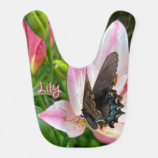 Pink White Tiger Lilly Flower Blue Butterfly Name Baby Bib