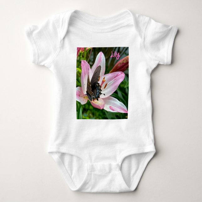 Pink White Tiger Lilly Flower Blue Butterfly Name Baby Bodysuit (Front)
