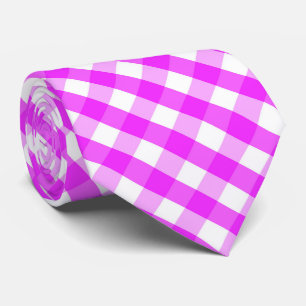 Pink white tiled plaid pattern neck tie