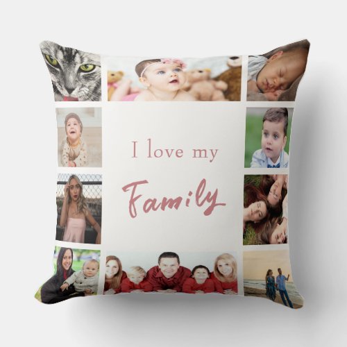 Pink White Trendy I Love My Family Photo Collage  Throw Pillow