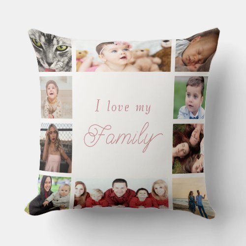 Pink  White Trendy Love My Family Photo Collage  Throw Pillow