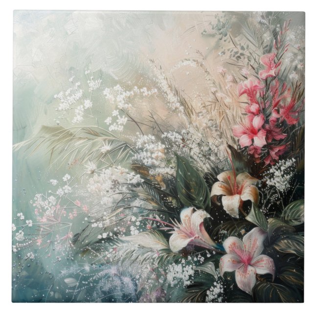 Pink White Tropical Floral Ceramic Tile (Front)