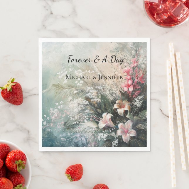 Pink White Tropical Floral Wedding Napkins (Insitu)