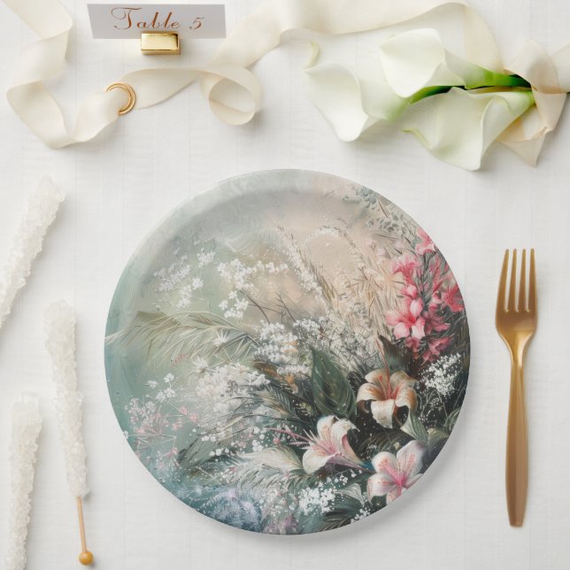 Pink White Tropical Floral Wedding Paper Plates (Wedding)
