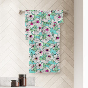 Pink & White Tropical Hibiscus Floral Pattern Bath Towel Set