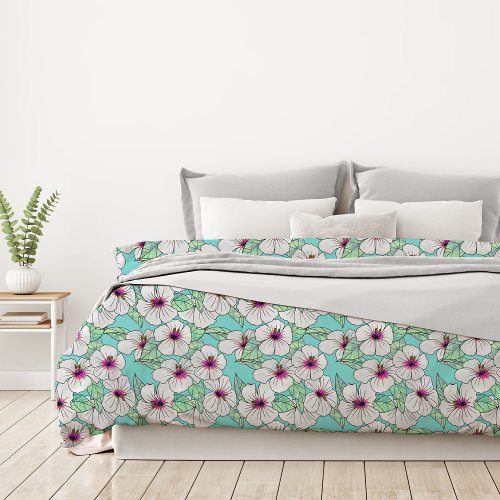 Pink  White Tropical Hibiscus Floral Pattern Duvet Cover