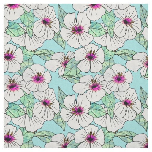 Pink & White Tropical Hibiscus Floral Pattern Fabric