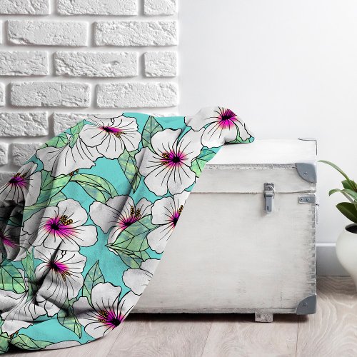 Pink  White Tropical Hibiscus Floral Pattern Fleece Blanket