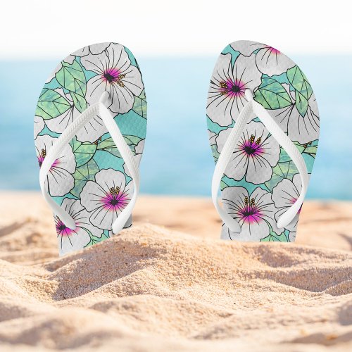 Pink  White Tropical Hibiscus Floral Pattern Flip Flops