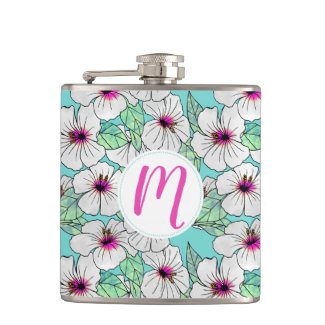 Pink & White Tropical Hibiscus Floral Pattern Hip Flask