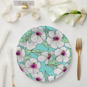 Pink & White Tropical Hibiscus Floral Pattern Paper Plates