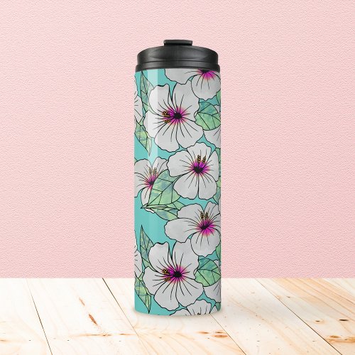 Pink  White Tropical Hibiscus Floral Pattern Thermal Tumbler