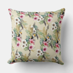 PINK & WHITE TROPICAL HIBISCUS FLOWERS & TOUCAN THROW PILLOW