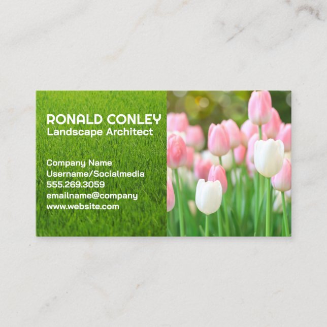 Pink White Tulip Flowers | Landscaping Business Card (Front)
