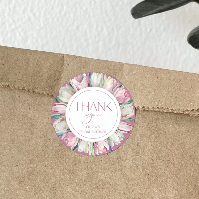 Pink white tulips Bridal shower Thank You Classic Round Sticker (Creator Uploaded)
