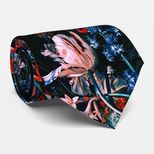 PINK WHITE TULIPS COLORFUL FLOWERS IN BLACK Floral Neck Tie