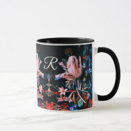PINK WHITE TULIPS,FLOWERS IN BLACK Floral Monogram Mug