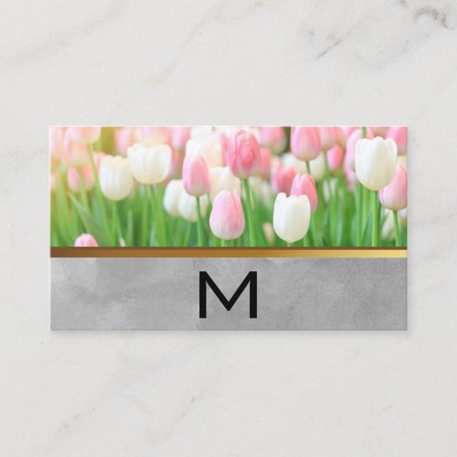 Pink White Tulips | Monogram Business Card (Front)