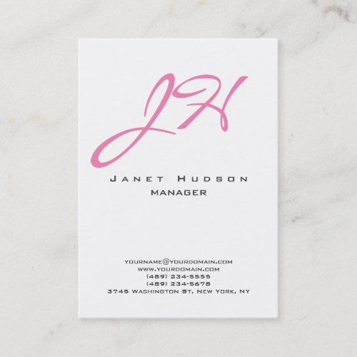 Pink white vertical modern plain script monogram business card